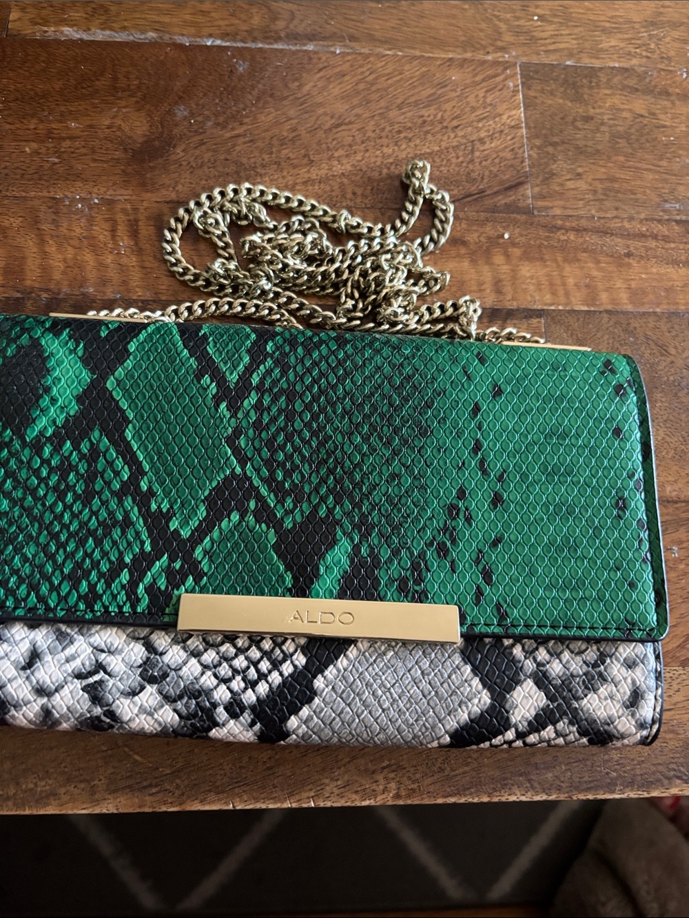 ALDO Green and Black Snake-Print Chain Clutch with Silver-Tone Snake Panel